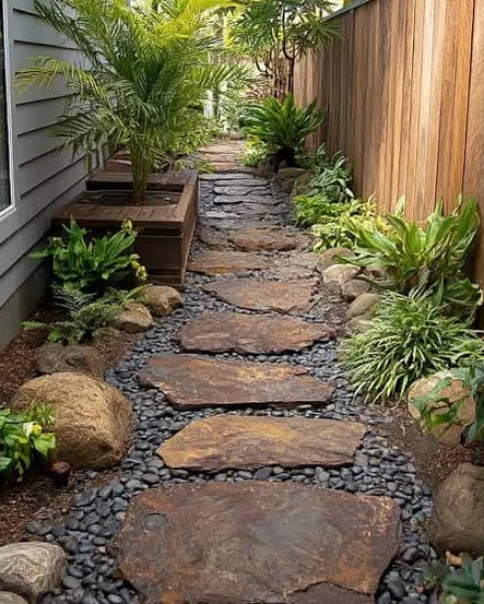 Narrow side yard with flagstone stepping stones set in black pebble, boulders and tropical plants