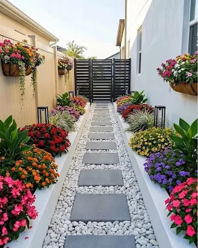 Modern side yard with dark pavers set in white pebble between flower planters