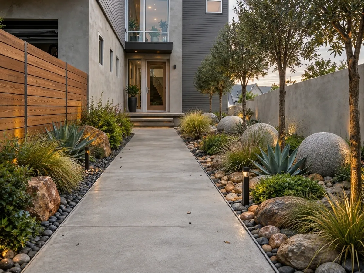 The same side yard finished with black beach pebble, river rock, boulders, grasses and path lights