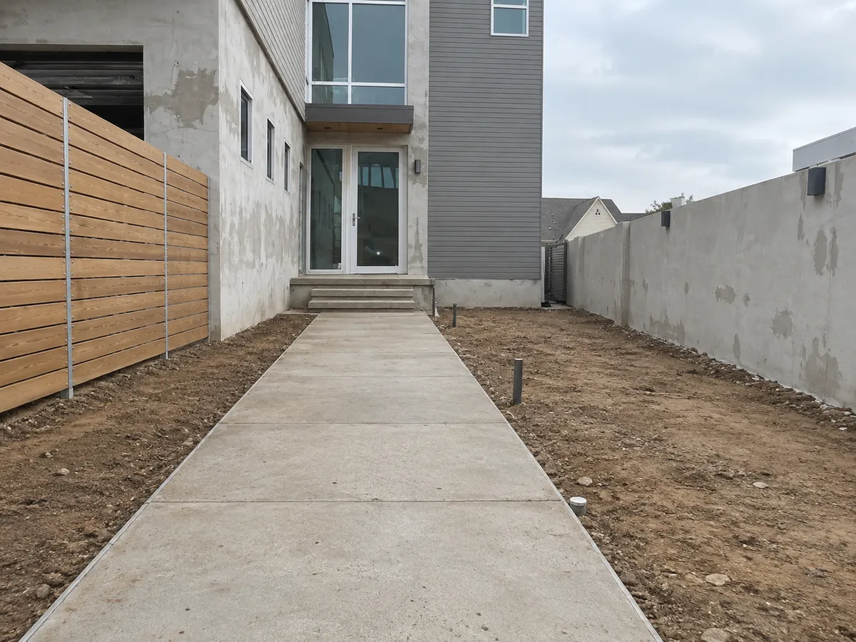 A side yard with a bare concrete walkway and raw dirt on both sides